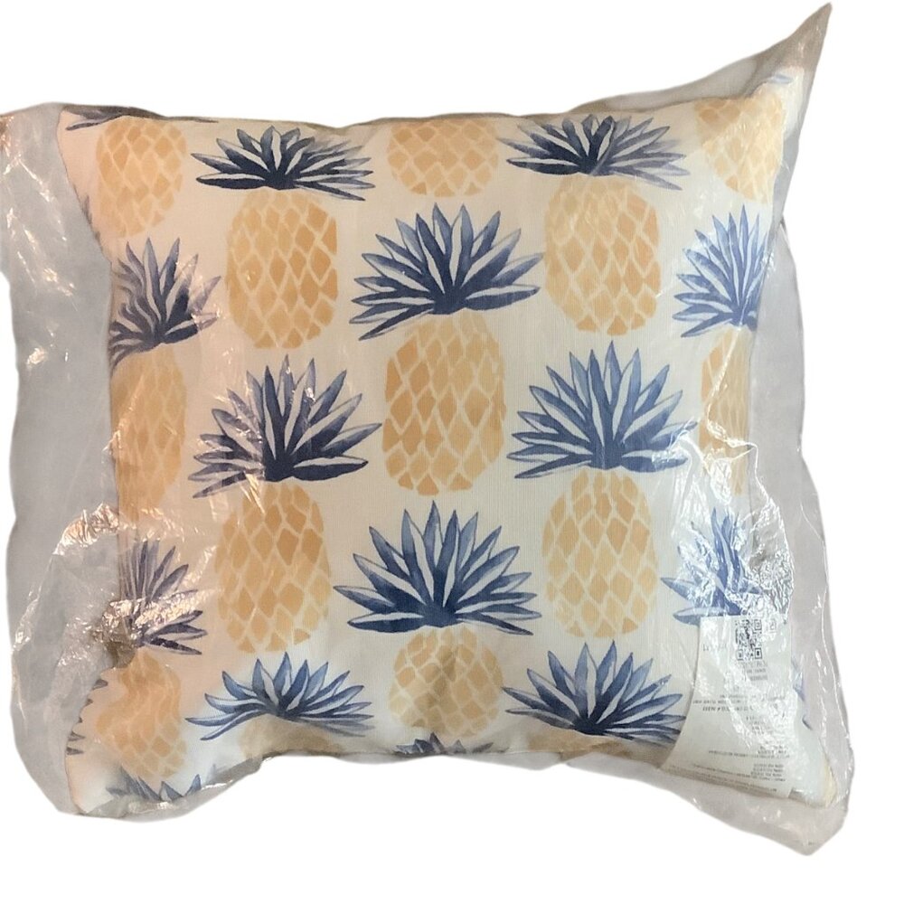 Pineapple Stripes Outdoor Throw Pillow 16" Beige Blue‎ Polyester NEW NWT